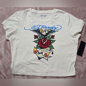 Ed Hardy  Eagle Rose Slim-Fit Graphic Tee Crop Ivory Size Large